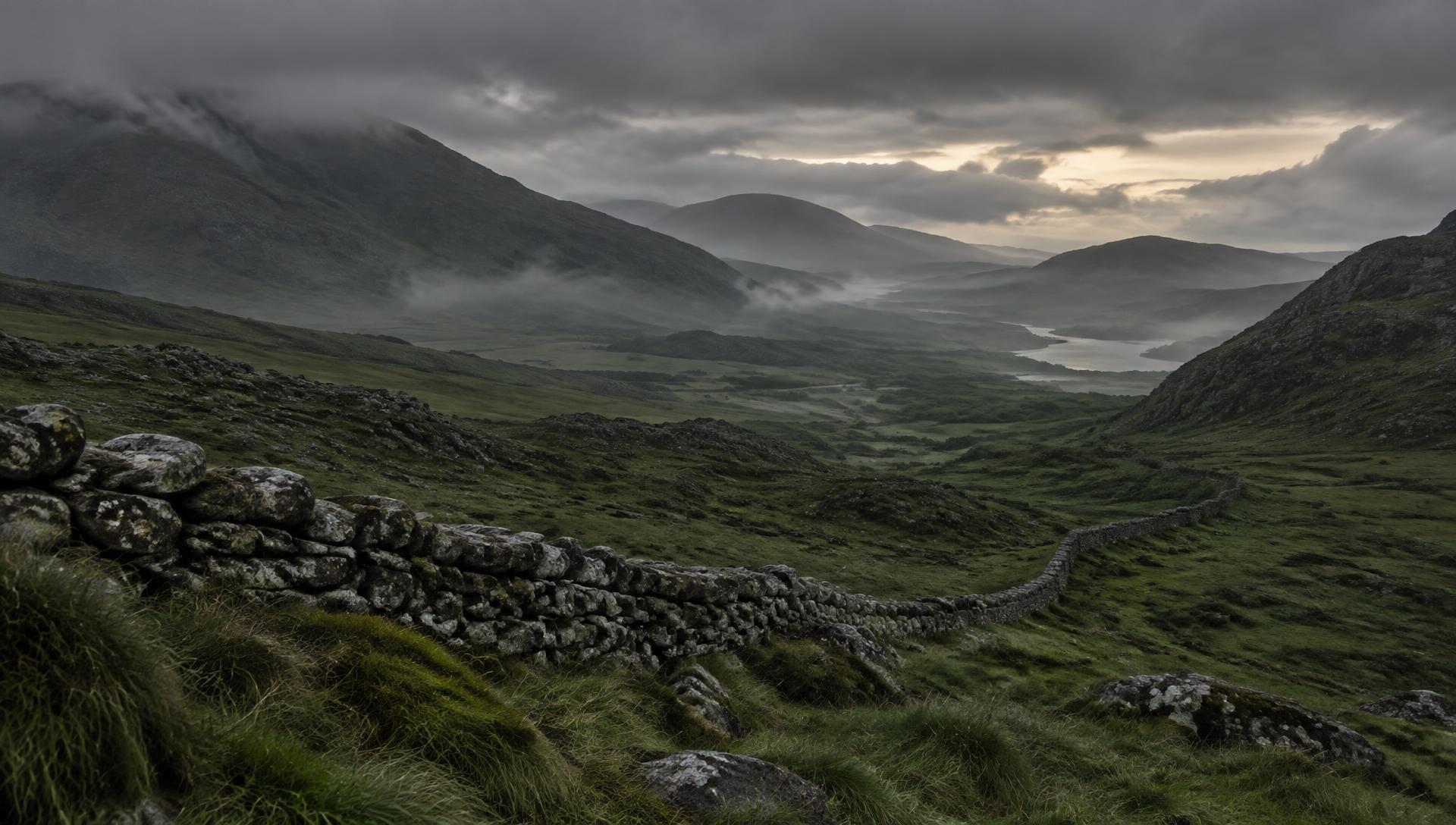A moody Irish landscape of low hills under a heavy sky