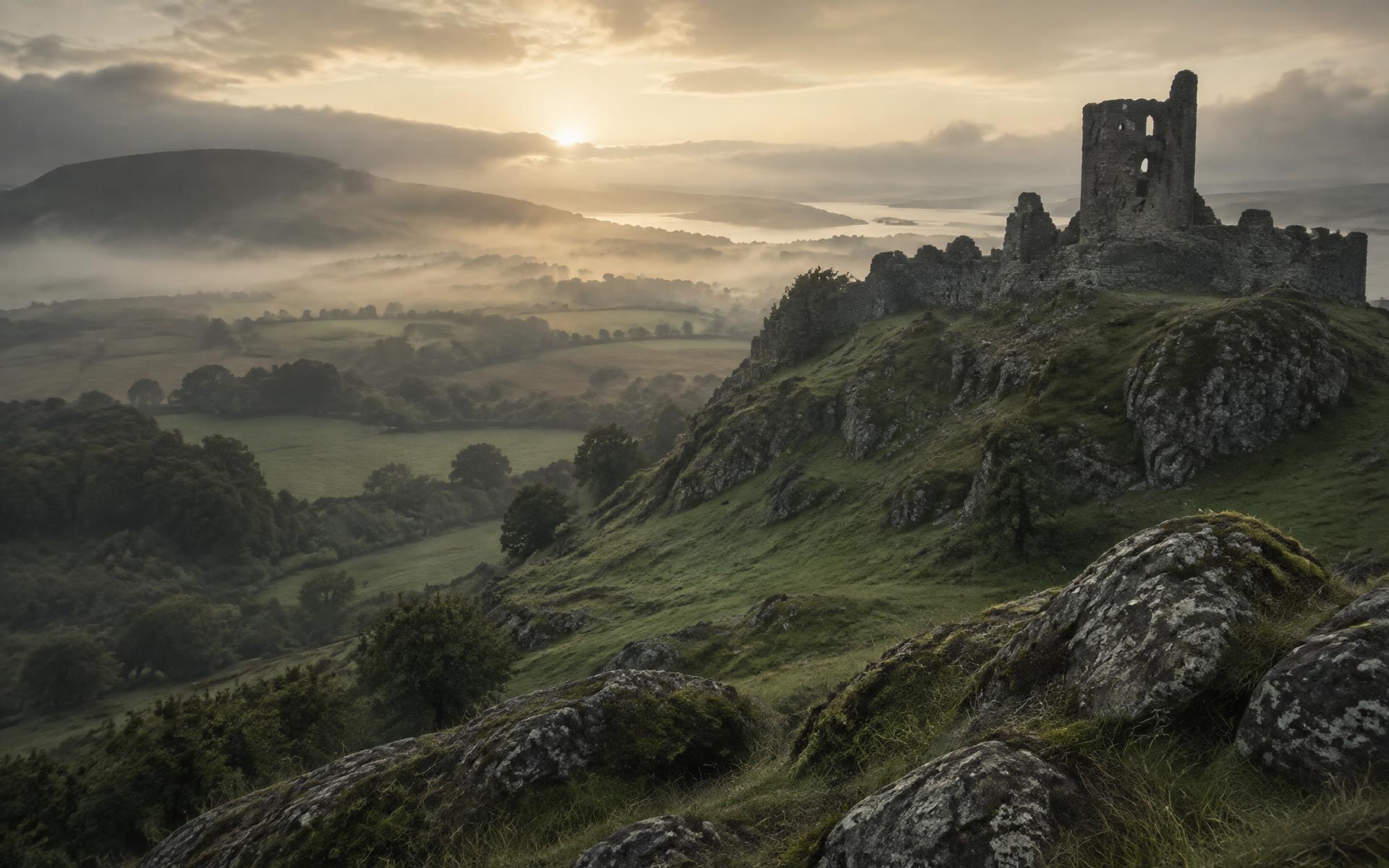 Ruined castle keep on a misty hillside in the Irish countryside at dawn